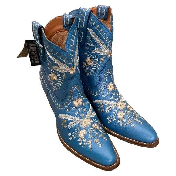 NWT DINGO Blue Embroidered Metallic Western Cowboy Leather Ankle Boots Sz 39 - Picture 2 of 7